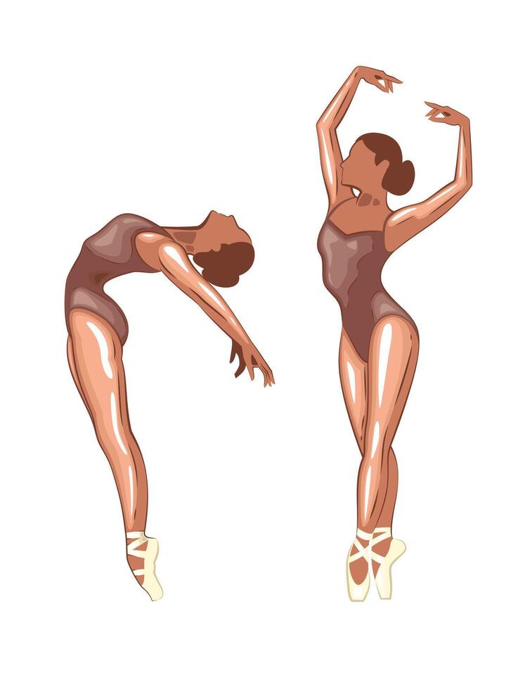 Ballerina illustration, ballerinas poses. Gymnastics girl. Girl dancing classical choreography. Ballet set female. Pointe shoes. Hand drawn art work isolated on white background vector