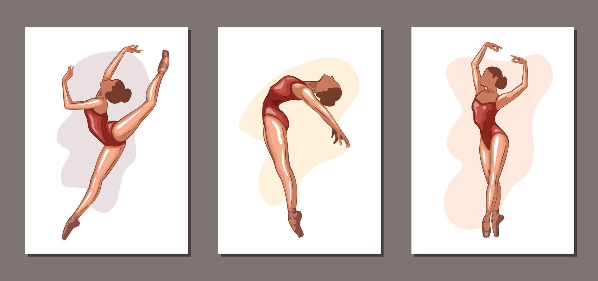 Ballerina illustration, ballerinas poses. Gymnastics girl. Girl dancing classical choreography. Ballet set female. Pointe shoes. Hand drawn art work isolated on white background vector