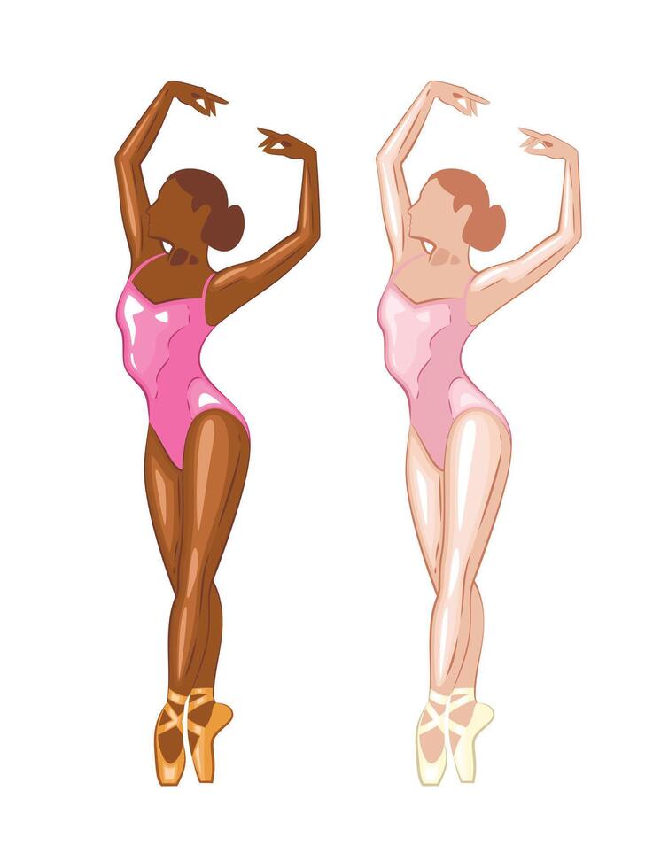 Ballerina illustration, ballerinas poses. Gymnastics girl. Girl dancing classical choreography. Ballet set female. Pointe shoes. Hand drawn art work isolated on white background vector
