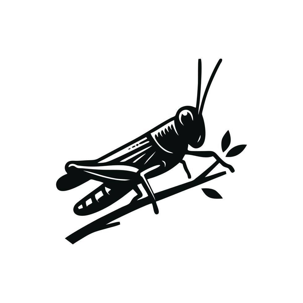 Grasshopper logo icon.grasshopper animal logo on a twig. black and white grasshopper logo design. logo template vector