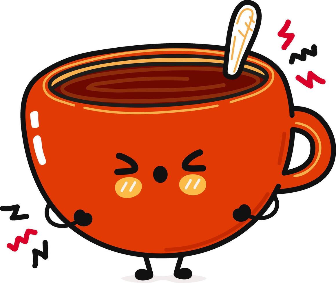 Angry sad Cup of coffee character. Hand drawn cartoon kawaii character illustration icon. Isolated on blue background. Sad chocolate Cup of coffee character concept vector