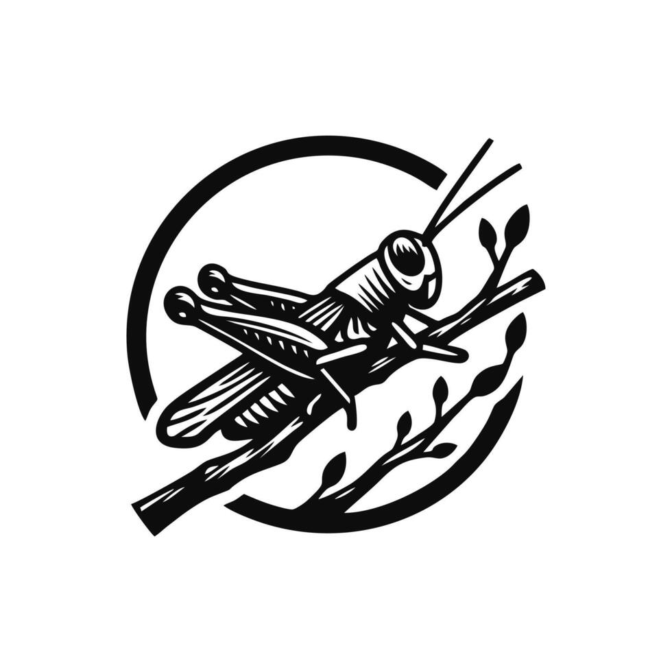 Grasshopper logo icon.grasshopper animal logo on a twig. black and white grasshopper logo design. logo template vector