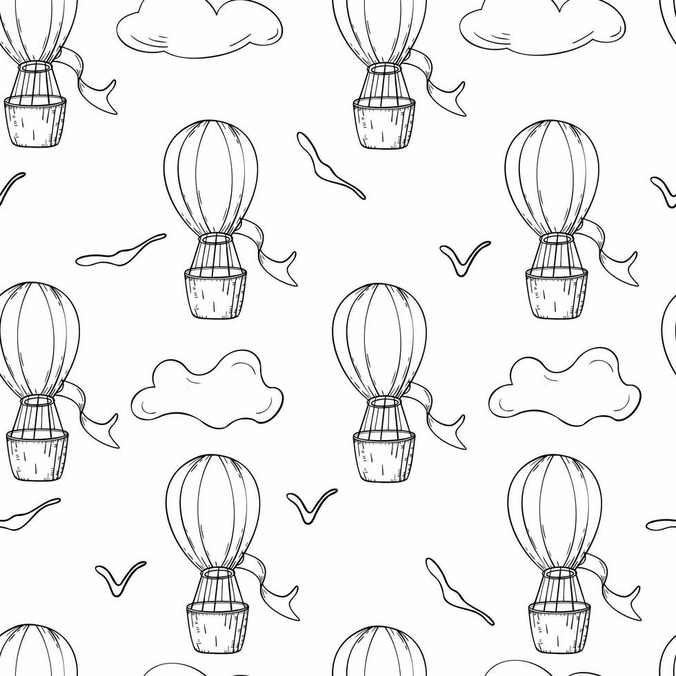 Black white seamless pattern with hot air balloons. Endless background with contour of air transport, bird, clouds hand drawn ink. Theme of adventure drawn doodles line. Monochrome aviation vector