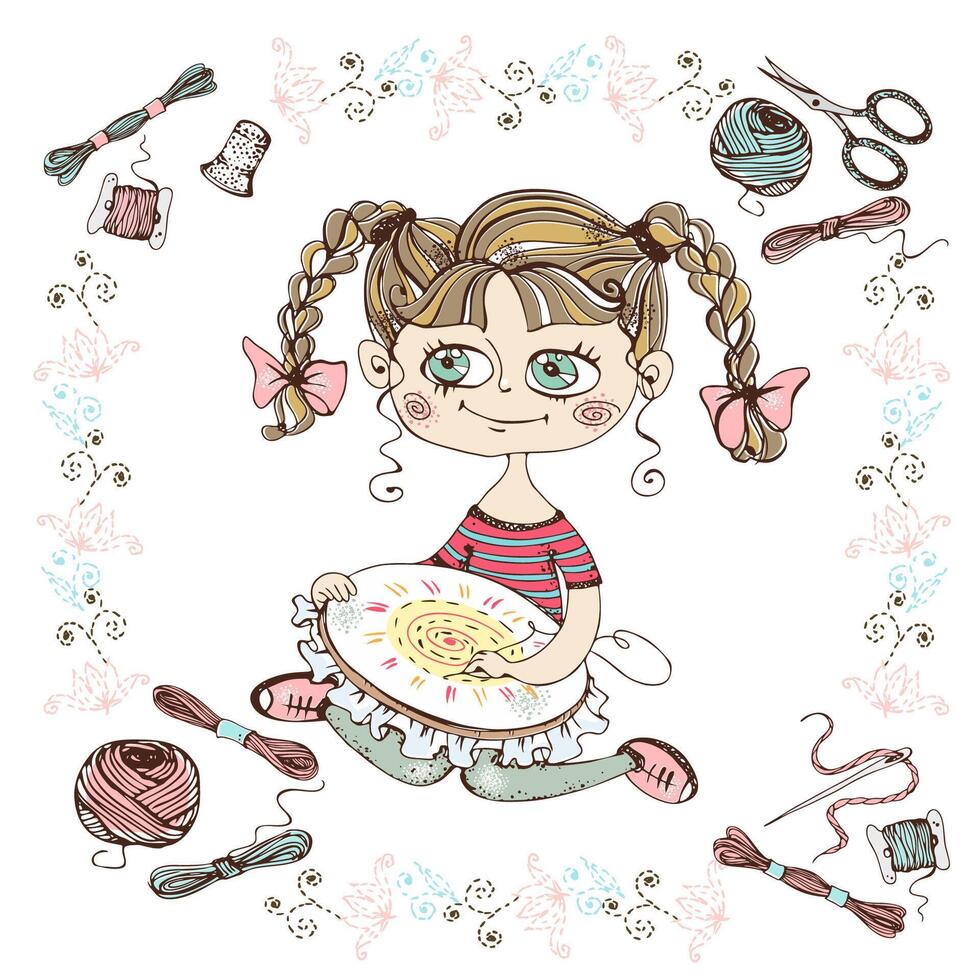 A cute girl is engaged in needlework and embroidery a beautiful pattern on a Hoop. . vector