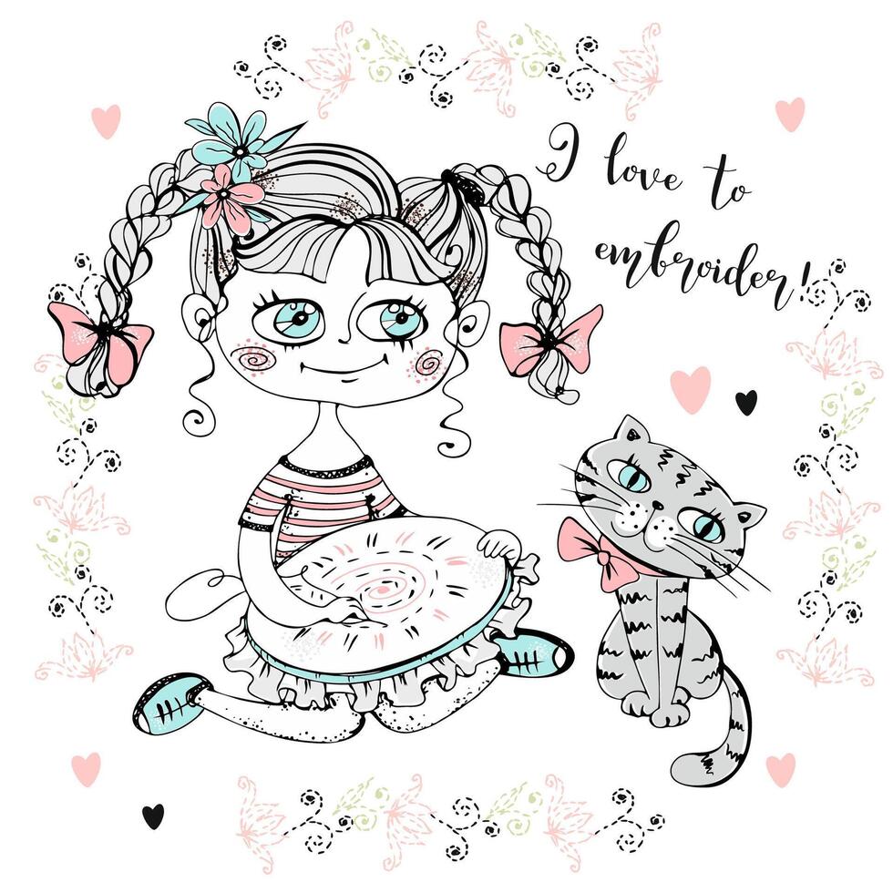 A cute girl is engaged in needlework and embroidery a beautiful pattern on a Hoop. . vector