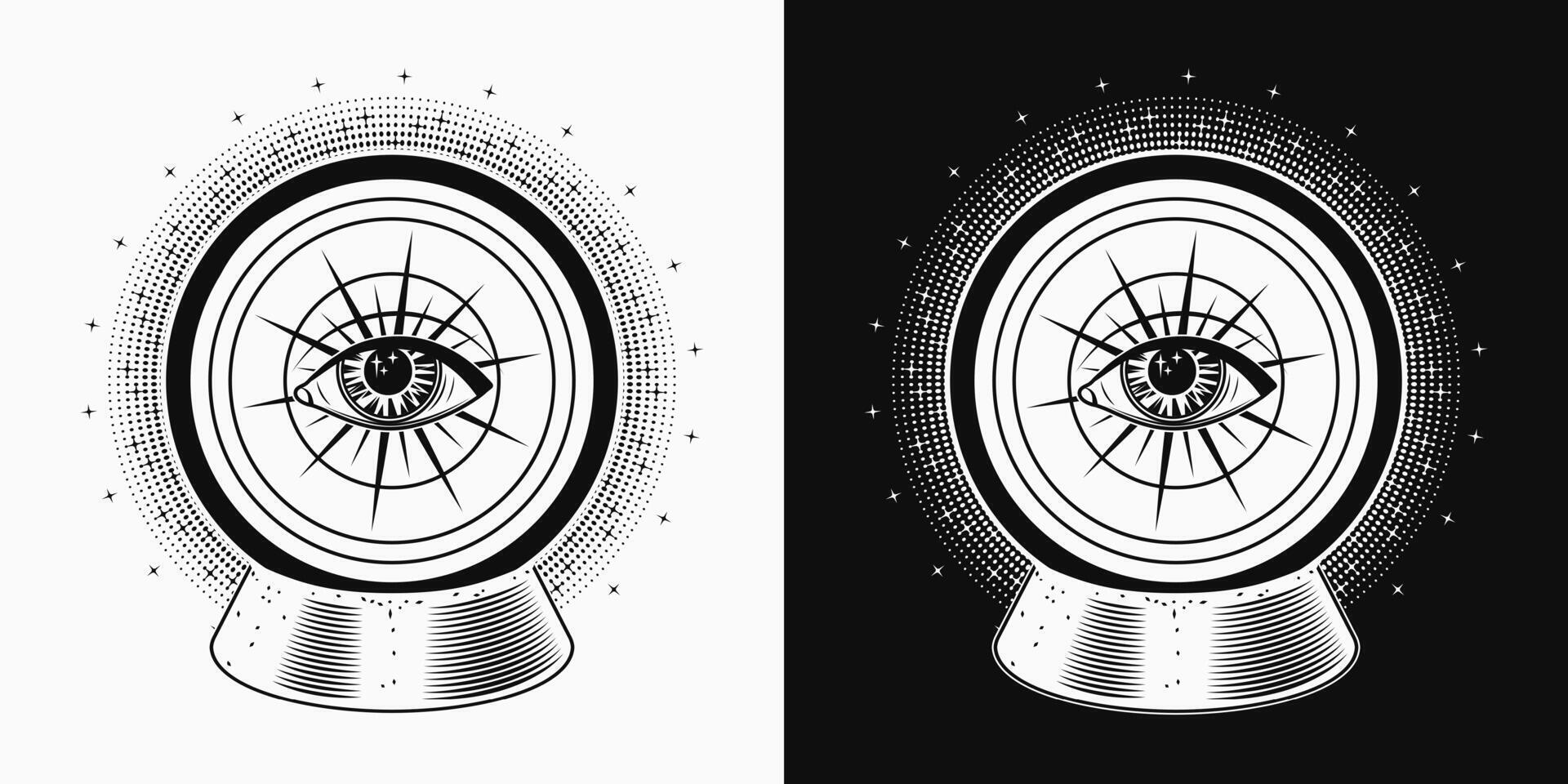 Magic crystal ball, sphere with all seeing eye and stars inside. Glass orb for clairvoyant witchcraft. Prediction, occult, mystical concept. vector