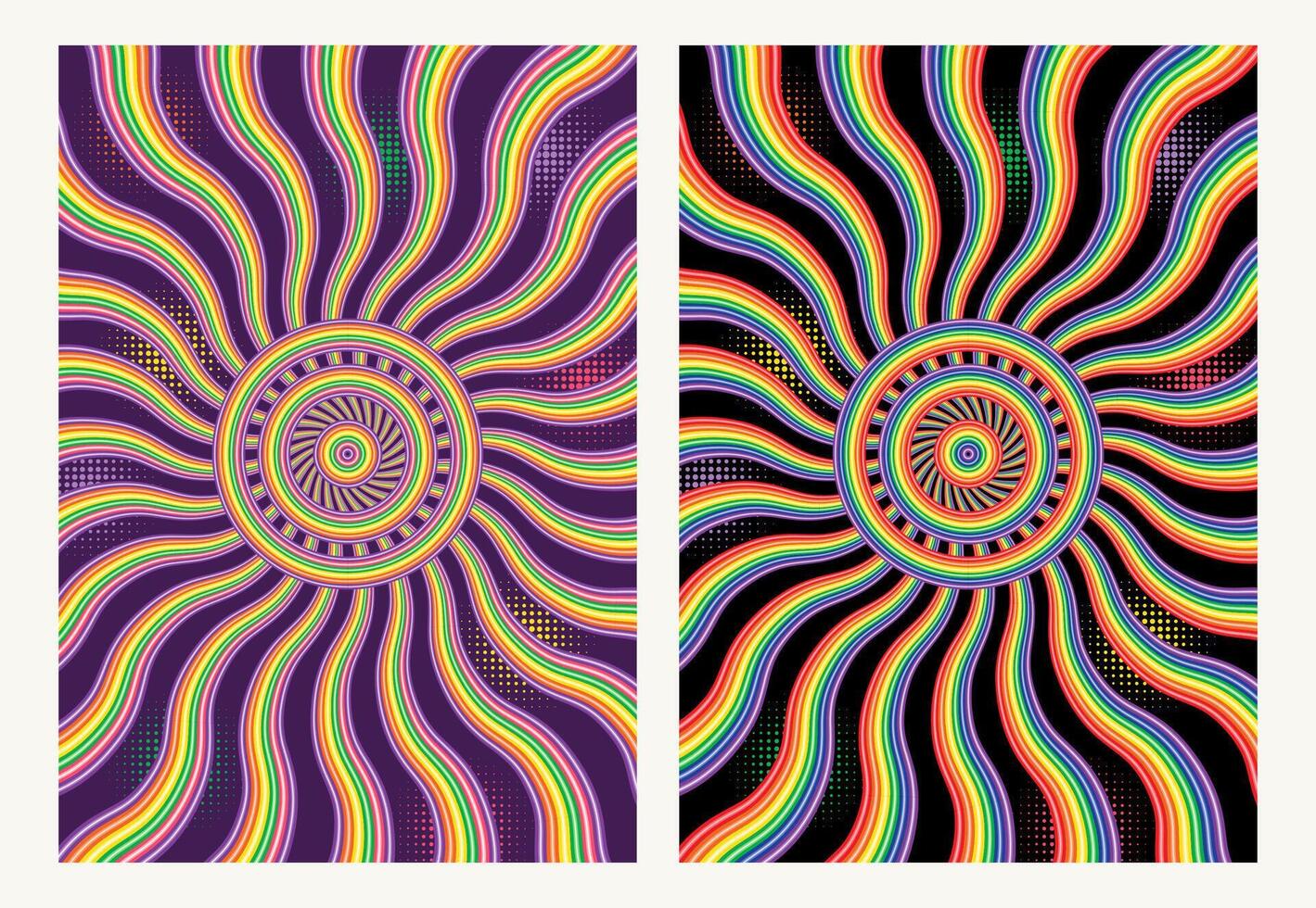 Psychedelic background with wavy distorted rainbow beams from the center 60s hippie wallpaper design. Colorful swirl, burst with halftone flashes behind For groovy, retro, pop art style Clipping mask vector