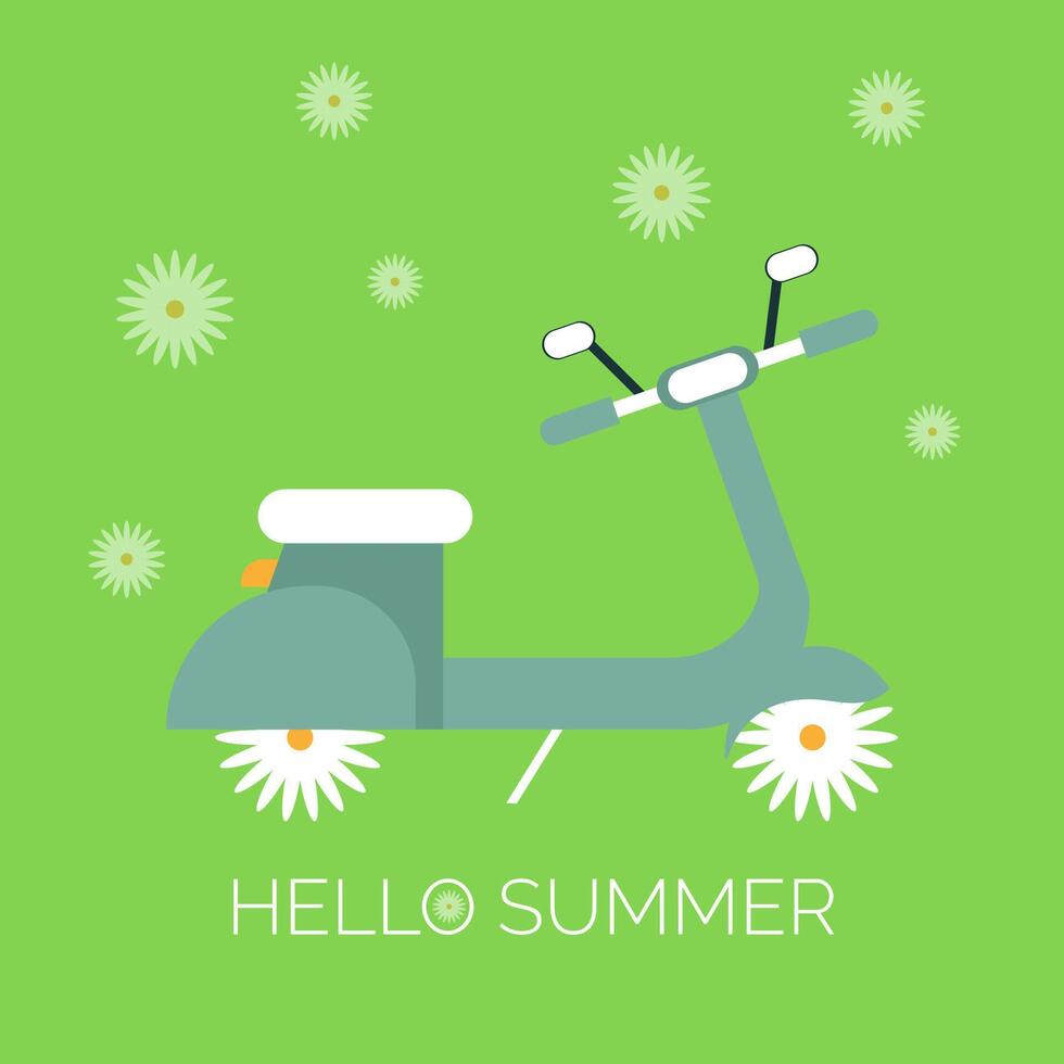 Hello summer banner illustration, creative motorbike with daisy shaped wheels. vector