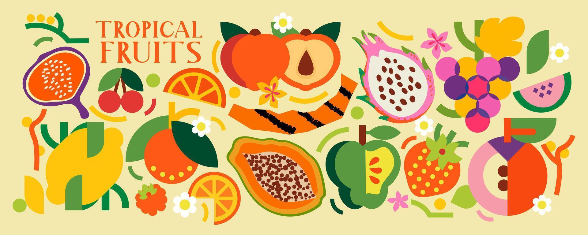Collection of tropical fruits. Illustration of food. Papaya, pitahaya, fig, orange, cherry, peach, plum, strawberry, grape, raspberry. Exotic elements. vector