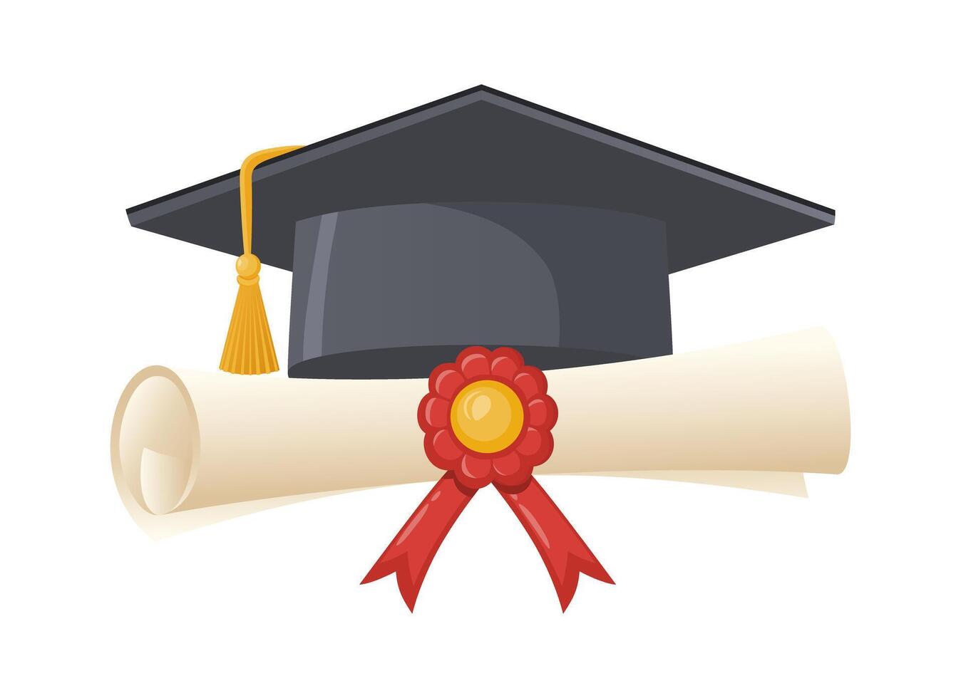 Graduation cap and diploma scroll. Traditional graduation ceremony symbols certificate with ribbon and academic hat. vector