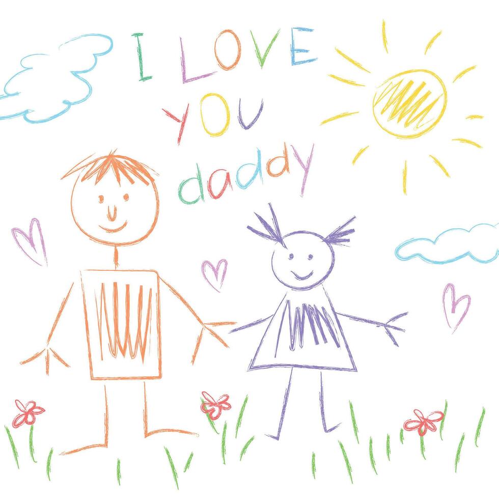 Children's drawing for Father's Day. Dad and daughter, sun, clouds and flowers in a naive style. illustration vector