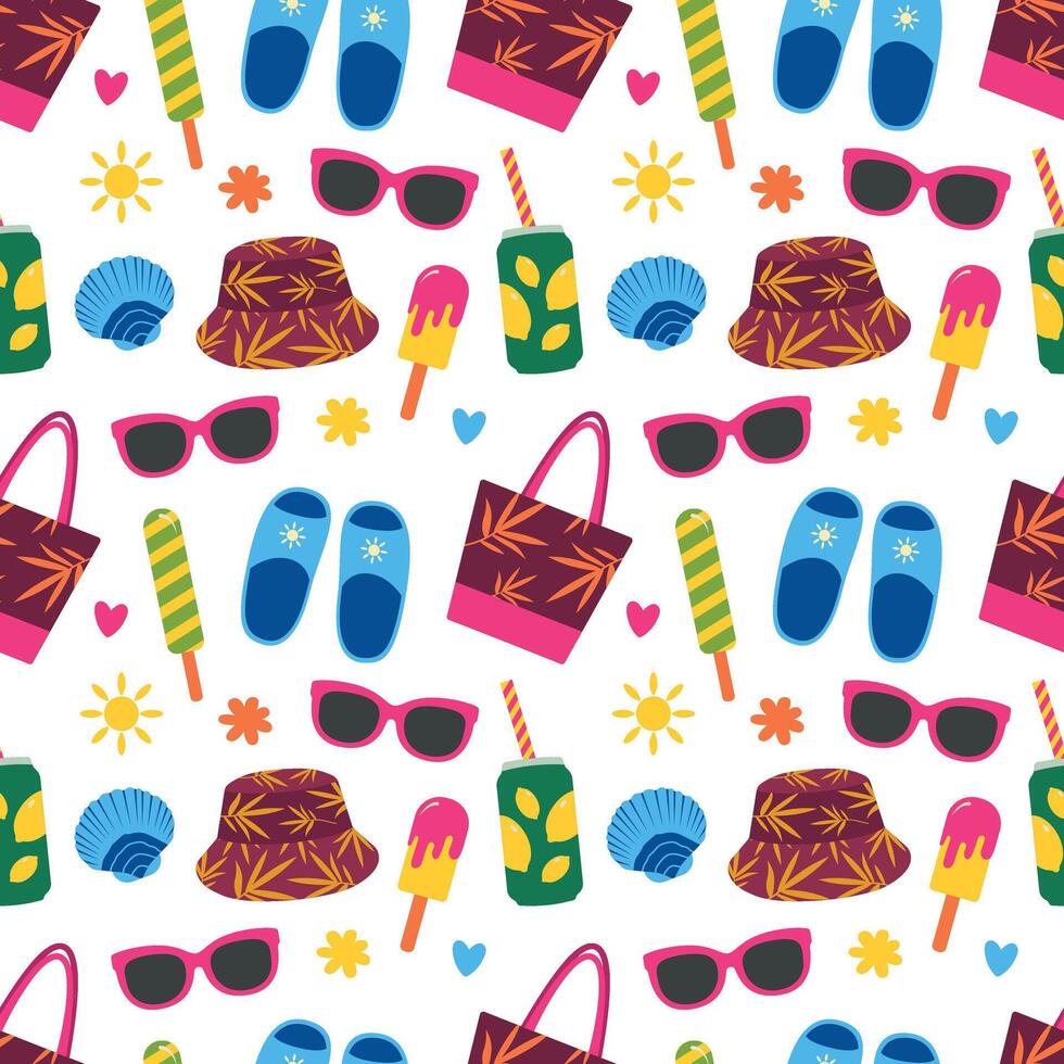 Summer seamless pattern. Beach accessories, ice cream, soda with a straw. For sun cream packaging, background, cover, glasses case vector
