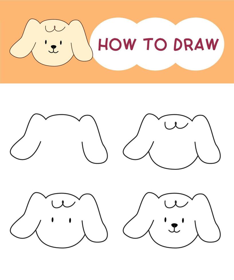 How to draw dog face cartoon step by step for learning, kid, education, coloring book. illustration vector