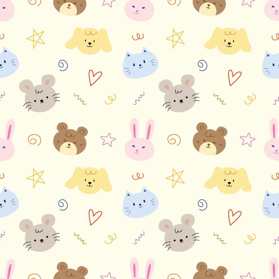 Cute face animal hand drawn doodle seamless pattern background for wallpaper and wrapping. Rabbit, bear, rat, dog and cat vector