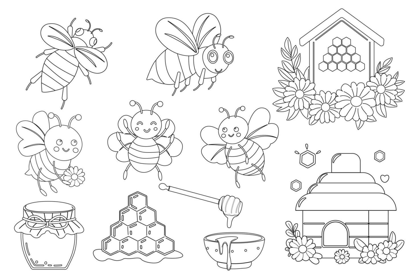 Bee, honey and beehive in doodle style on a white background.Set of beekeeping illustrations. Collection of cute funny bees in different poses.Sketch icon vector