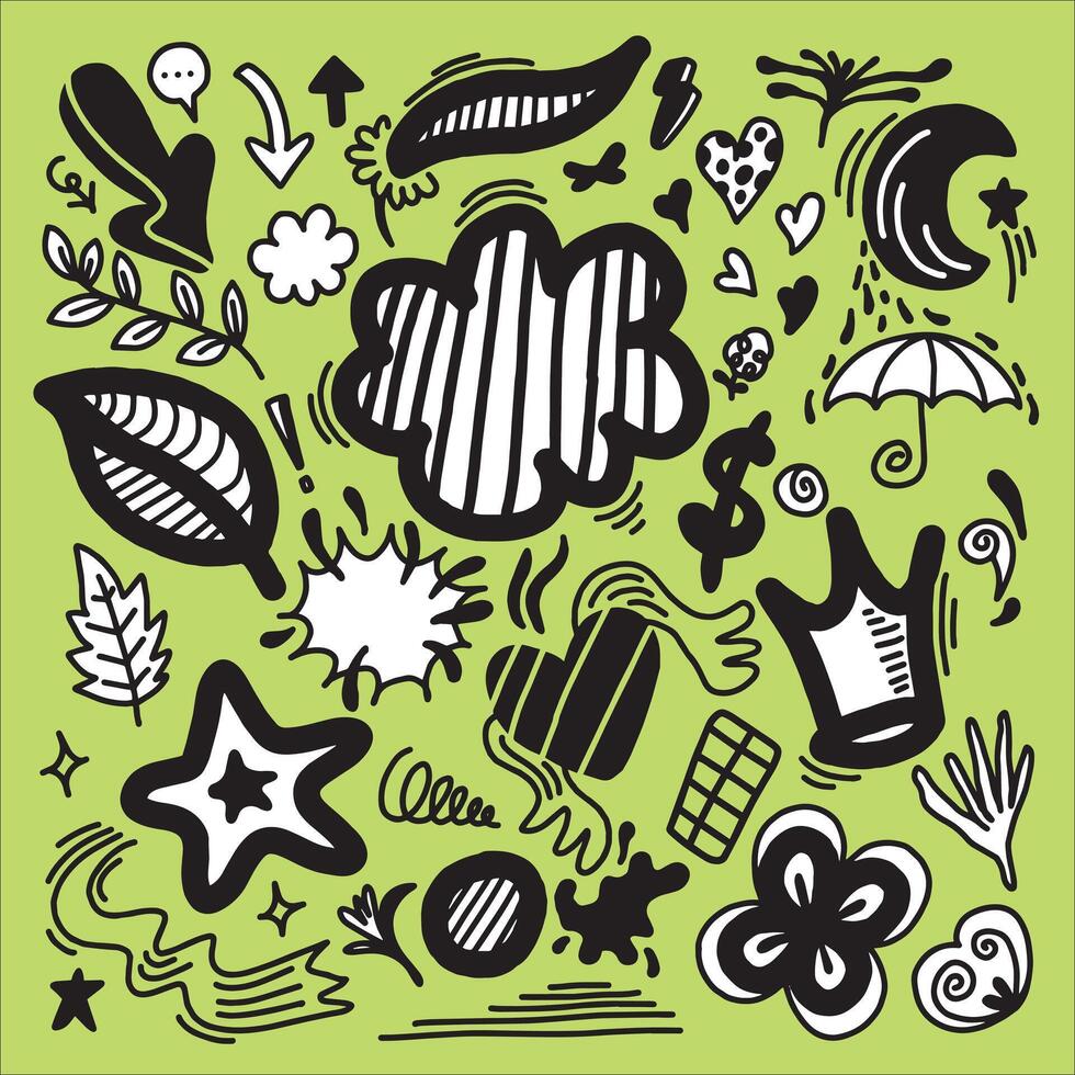 Hand drawn doodle design elements. cloud, Arrow, heart, leaves, star, crown and other, vector