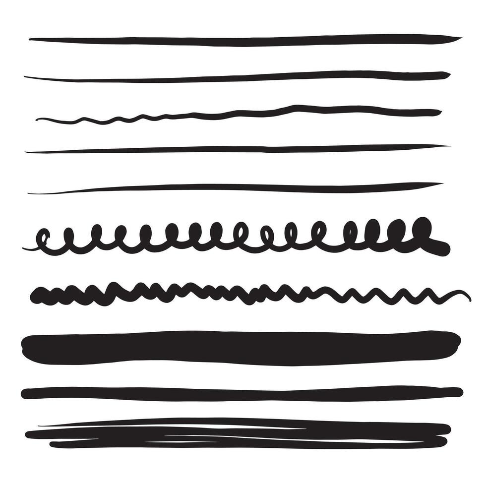 Set of lines, hand drawn dividers, doodle underlines, different thickness brush stripes. illustration of scribble lines. vector