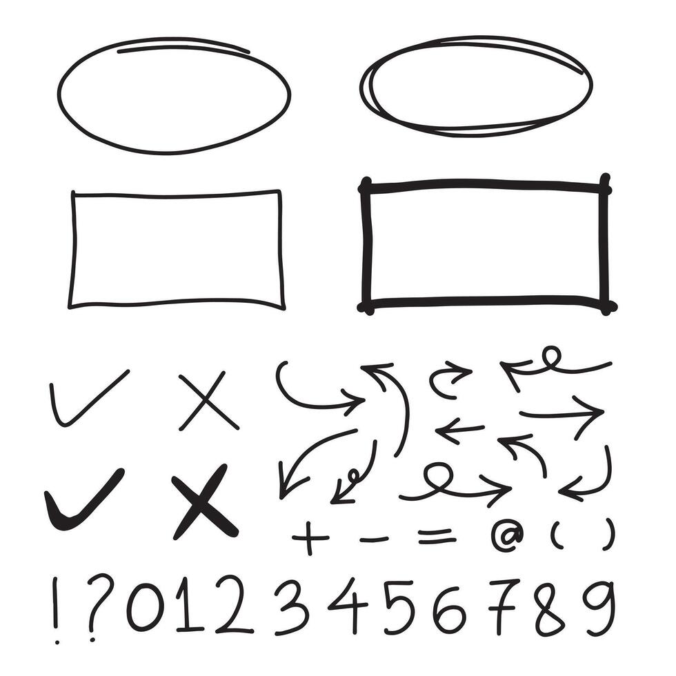 Set of hand drawn elements for selecting text.Hand drawn frames, circle and arrows on white background. vector