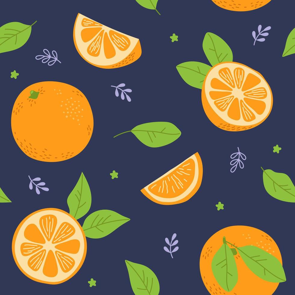 Seamless summer pattern with fresh orange, full, half, slice, leaves. Fruits. Freehand illustration on dark background vector