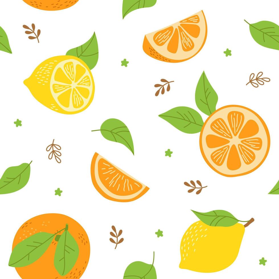 Seamless summer pattern with fresh orange and lemon, full, half, slice, leaves. Fruits. Freehand illustration vector