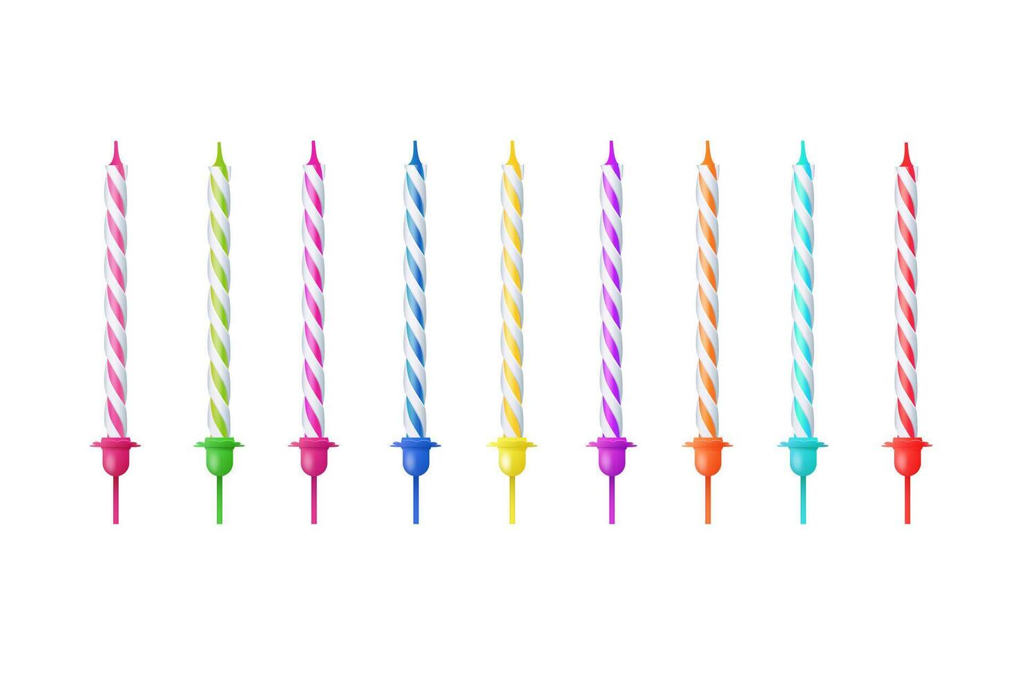3d realistic colorful candles for birthday cake. Holiday candles with burning flames candlelight on wicks, celebration objects. vector