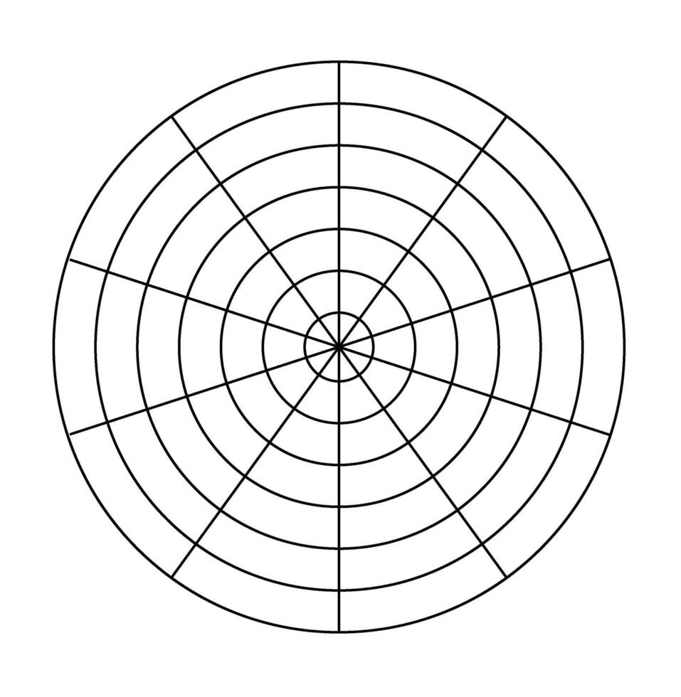 Polar grid concentric circles and steps. Blank polar graph paper. Radar circular graph screen. Grid with concentric circles diagram. vector