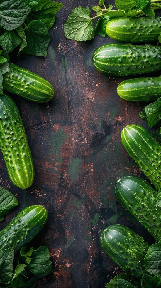 Cucumbers Surrounded by Leaves and Water Droplets photo