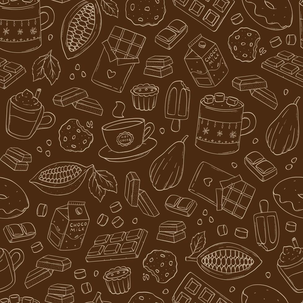 cocoa and chocolate doodles seamless pattern on brown background. good for wallpapers, textile prints, scrapbooking, wrapping paper, etc. EPS 10 vector