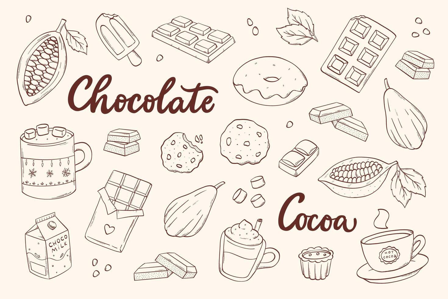 Chocolate and cocoa hand drawn doodles, cartoon elements collection for prints, cards, posters, banners, product decor, etc. World chocolate day clip art.EPS 10 vector