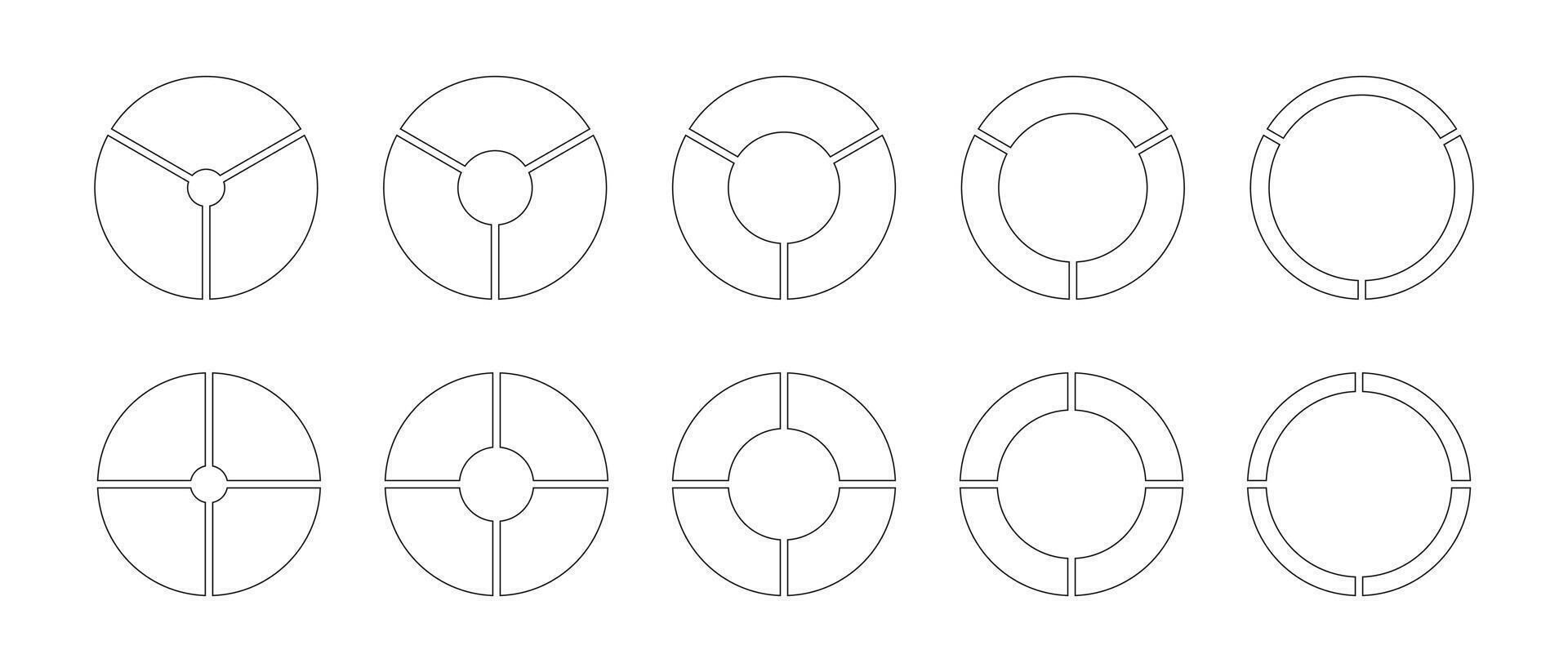Wheels round divided, three, four sections. Outline donut charts, pies segmented on 3, 4 equal parts. Diagrams infographic set. Circle section graph. Pie chart simple icons. Geometric graphic elements vector