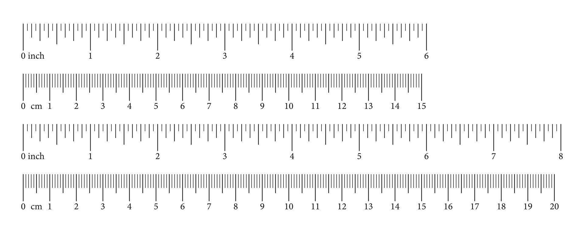 Set of scale with 15, 20 centimeter, 6, 8 inches with markup and numbers. Measuring charts of metric, imperial units. Collection of distance, height, length measurement tool templates. Sewing tool. vector