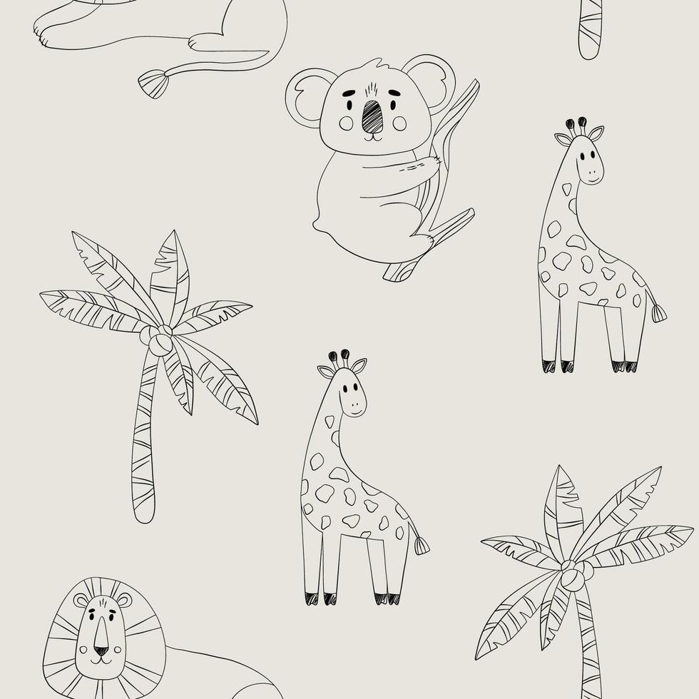 Cute seamless pattern with african animals. Giraffe, lion, koala. vector