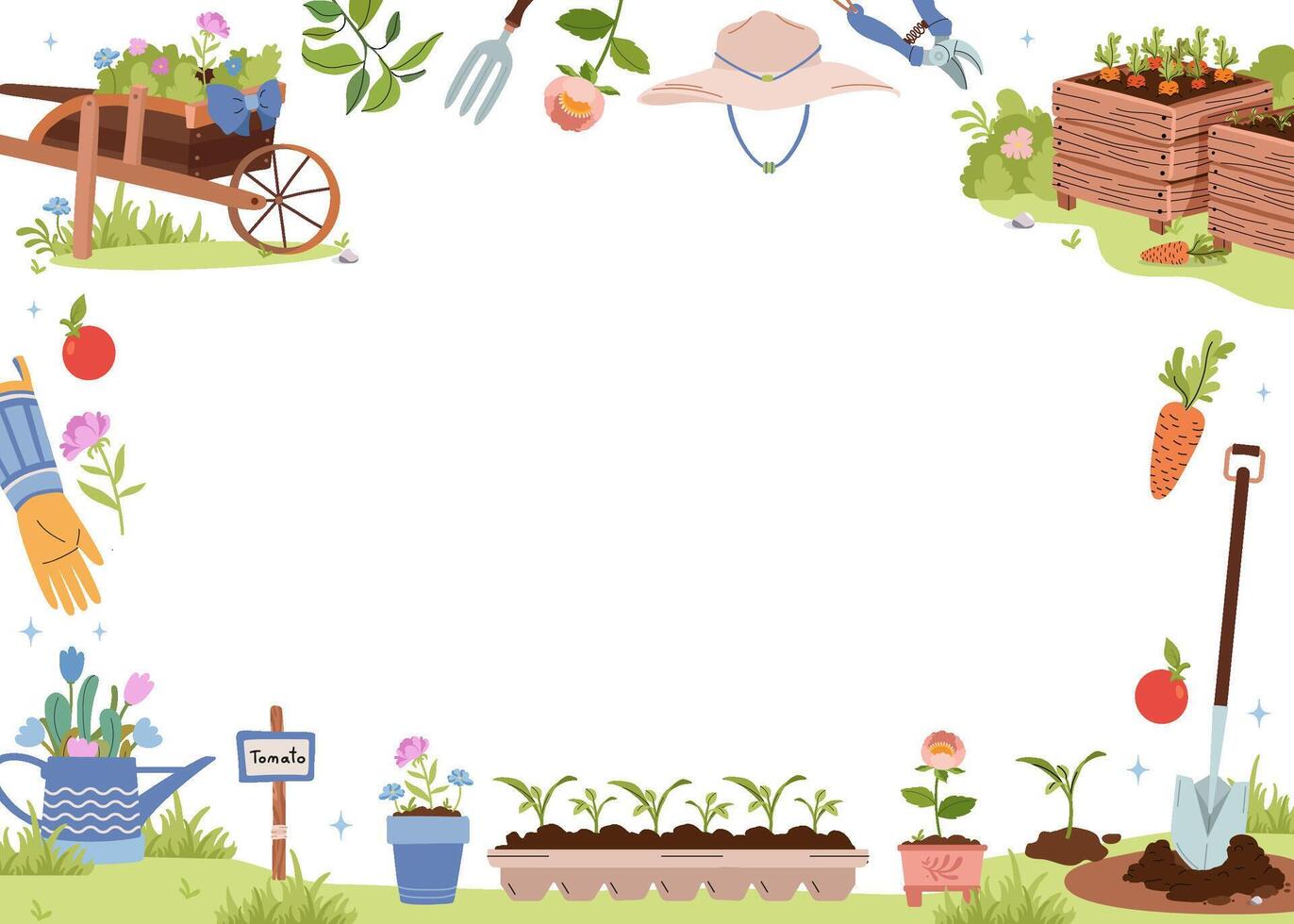 Summer and spring garden frame. Background with agriculture . Garden tools, household collection. Growing vegetables. Spring seedlings, compost, cart. vector