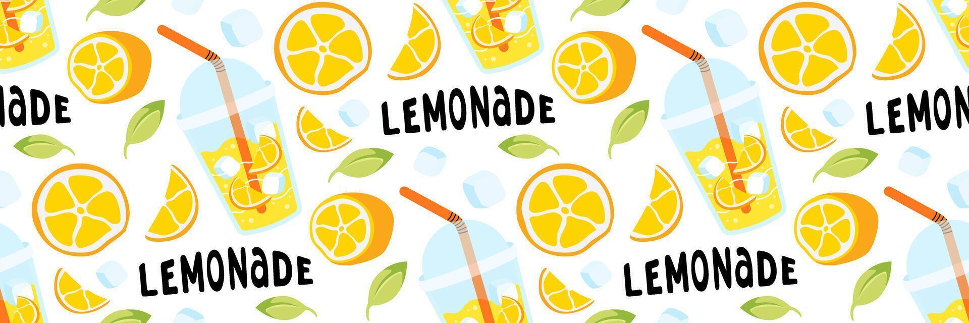 Fresh lemons lemonade seamless pattern. Bright summer background for restaurants, cafe menus. Take away summer drink with lettering. Berries, leaves, ice. Food and drinks. flat illustration. vector