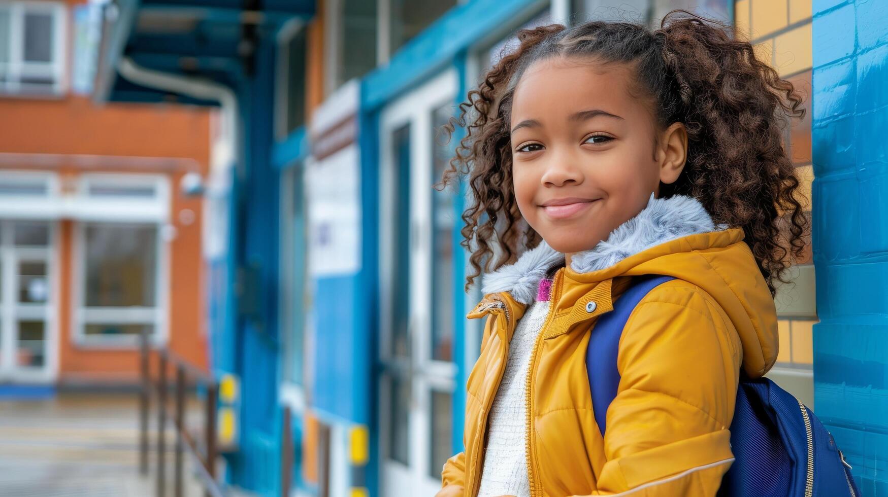 Little Girl Standing Next to Blue Wall photo