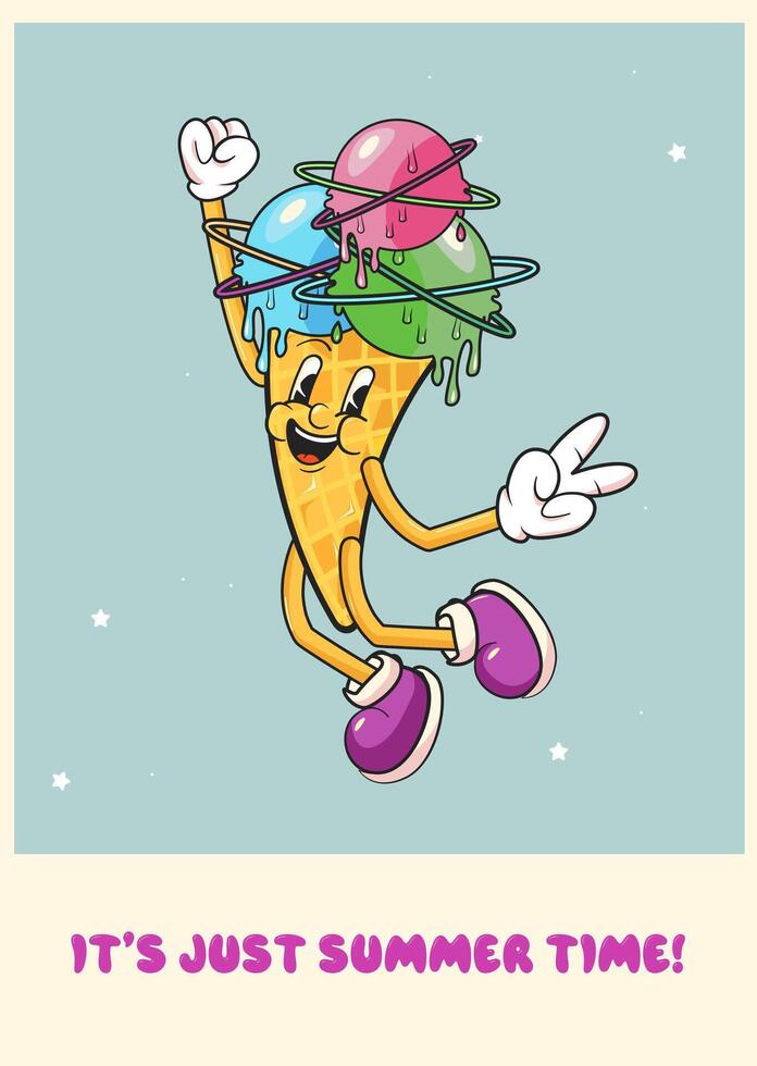Summer time caption with 3 balls ice cream in cone. Groovy character happy cartoon mascot. hand drawn illustration. Space ball Saturn vector