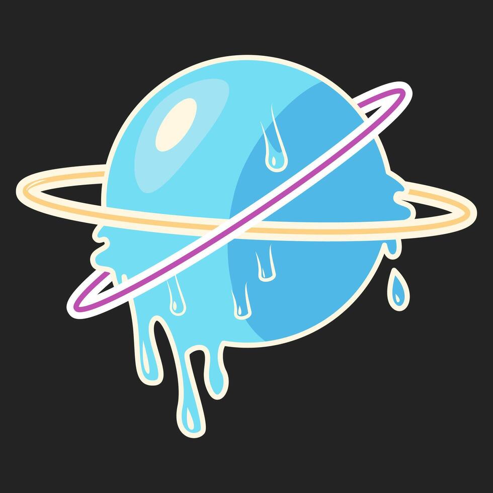Ball ice cream, sweet Saturn planet. illustration in retro cosmic style. isolated logo element for design creative blue ring on black background vector