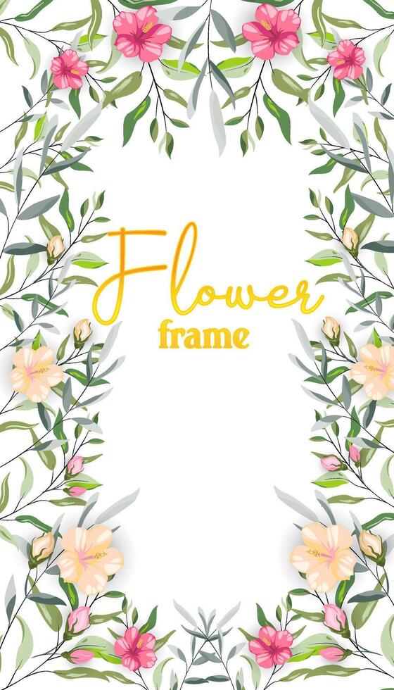 floral bushy frame, romantic vintage style. Yellow and pink flowers with leafs on white background. Design for your text, greeting vector