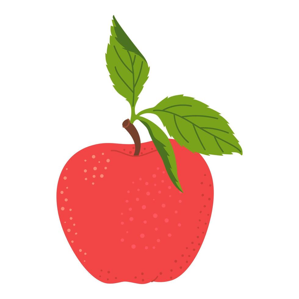 Red juicy ripe apple with green leaf. Hand drawn Red apple trendy flat style isolated on white. Apple harvest. Healthy vegetarian snack, cut apple for design, infographic illustration vector
