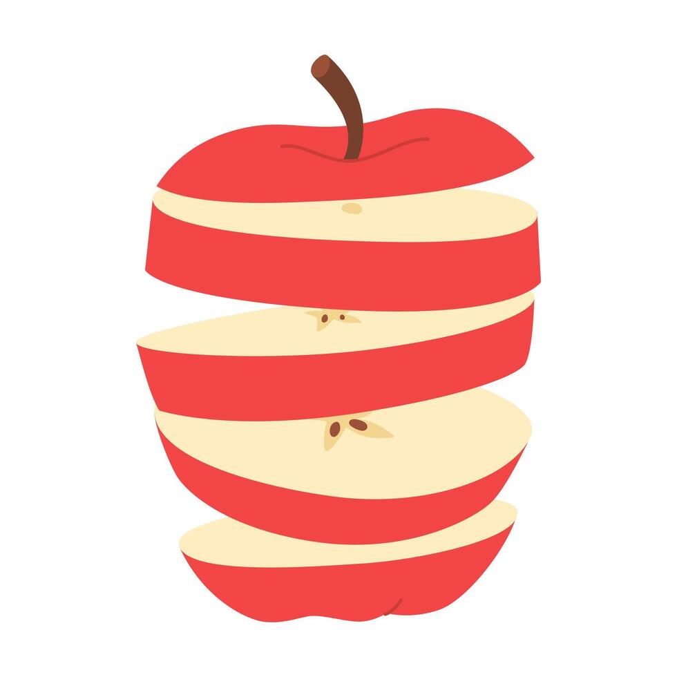 Fresh red apple flying in the air. Slice of fresh red apple. Healthy vegetarian snack, cut apple for design or infographic. Hand drawn Trendy flat style isolated on white illustration vector