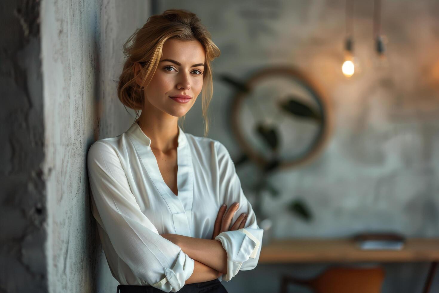 Woman Leaning Against Wall With Arms Crossed photo