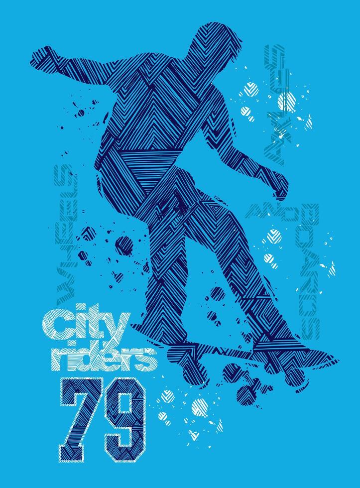 Illustration of stylized and textured skater with text relating to sport. vector