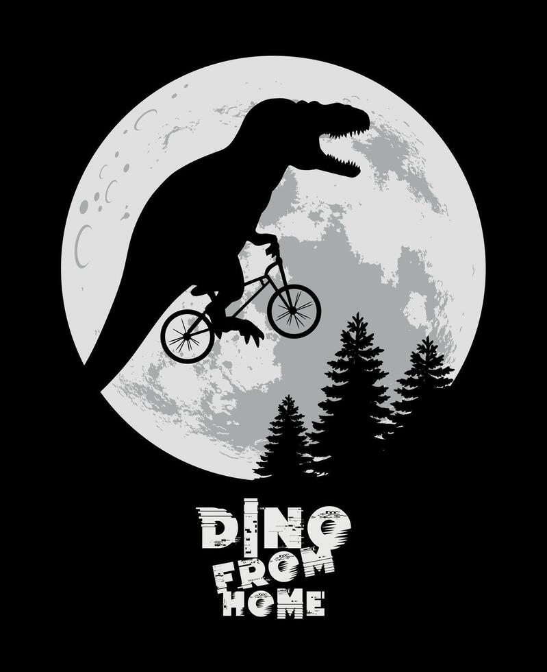 Illustration of Tyrannosaurus Rex silhouette riding a bicycle in front of the Moon. vector