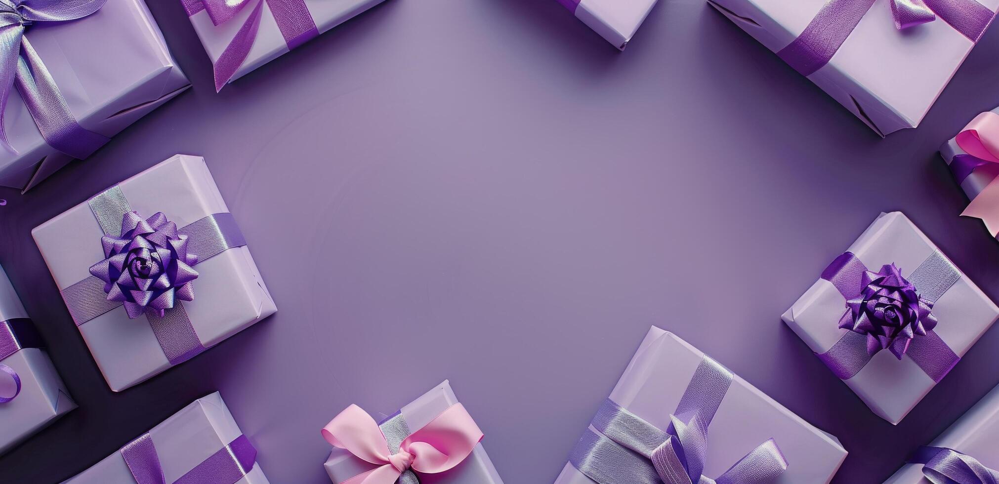 Group of Purple Wrapped Presents Stacked photo