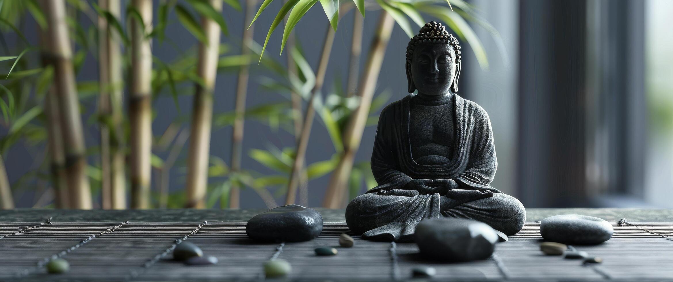 Buddha Statue Sitting in Front of Bamboo Tree photo