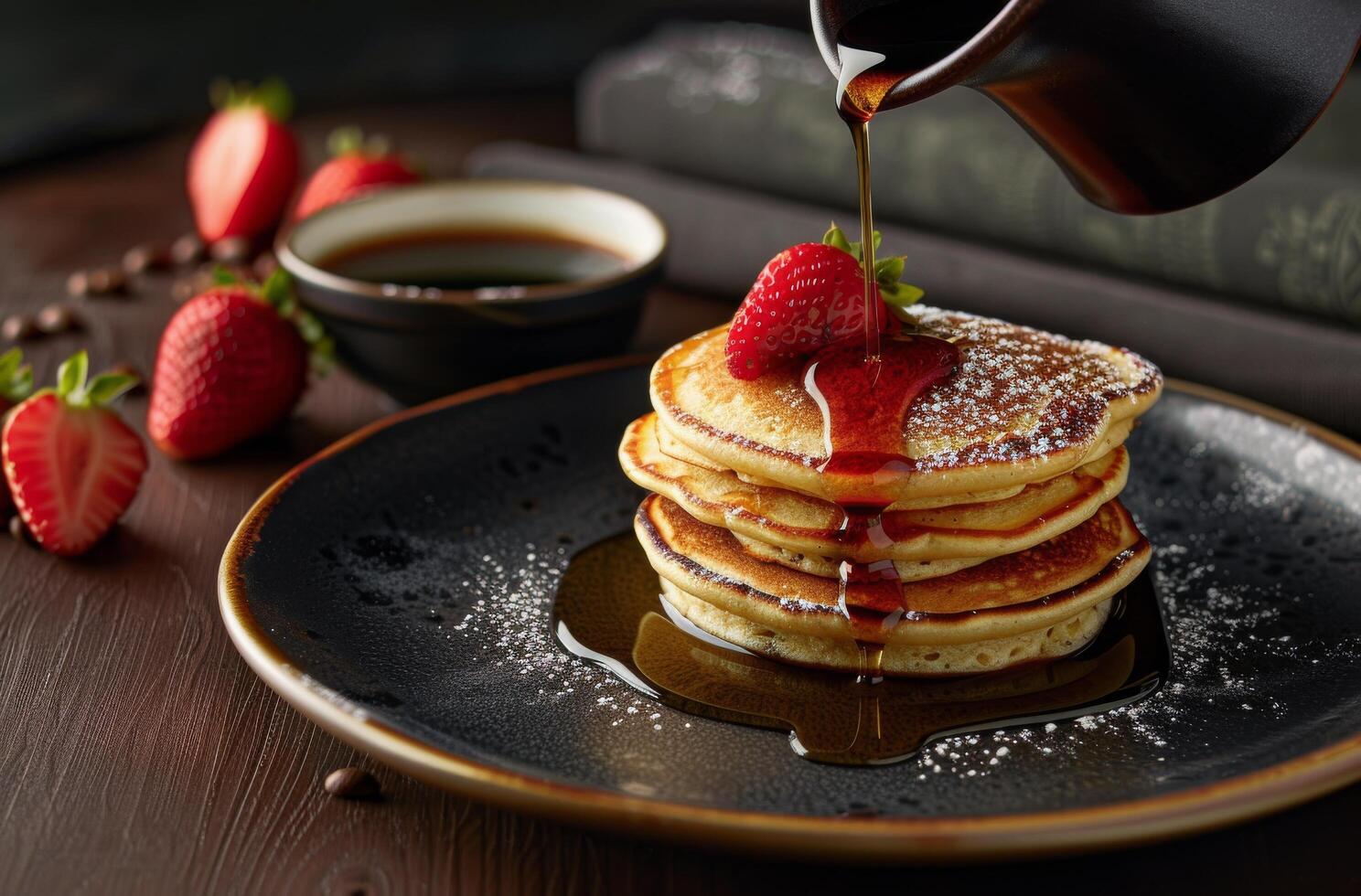 Stack of Pancakes With Syrup and Strawberries on a Plate photo