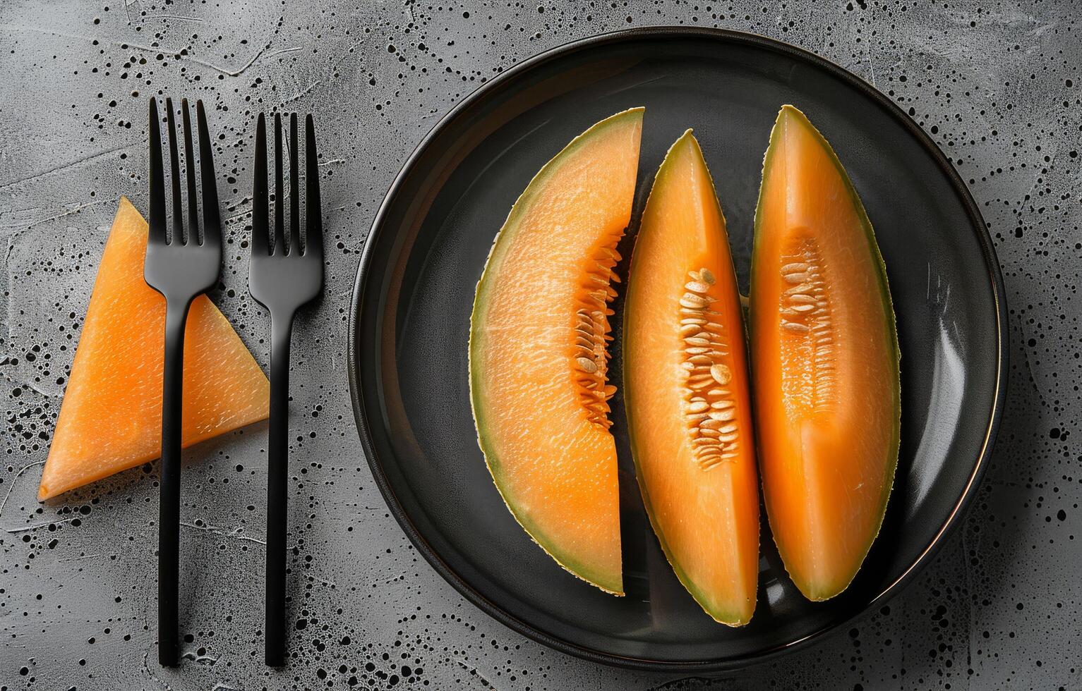 Sliced Melon on a Black Plate With a Fork photo