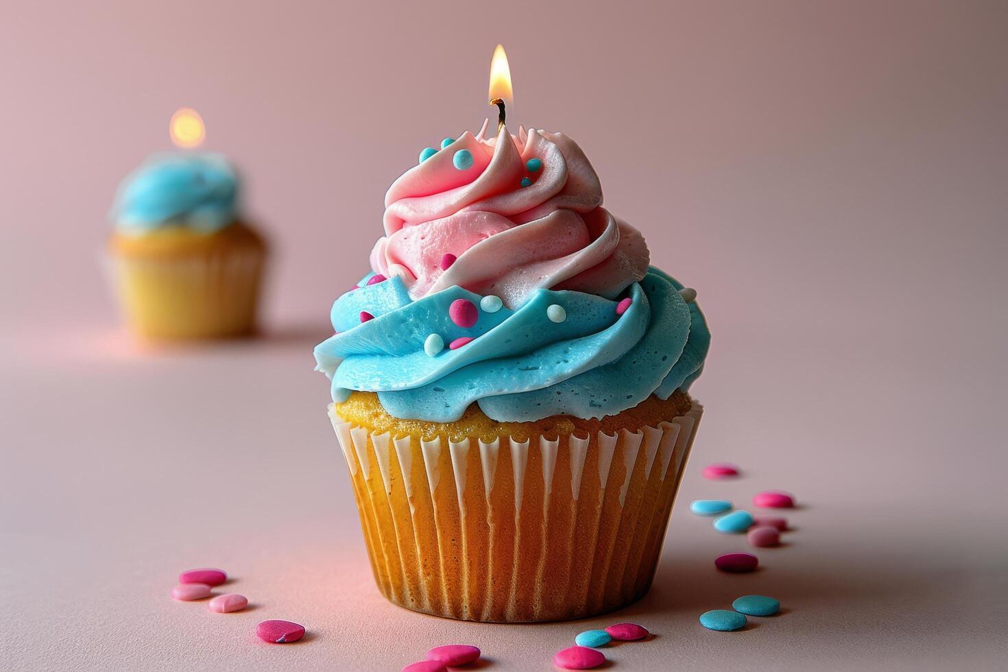 Two Cupcakes With Blue and Pink Frosting and a Candle photo