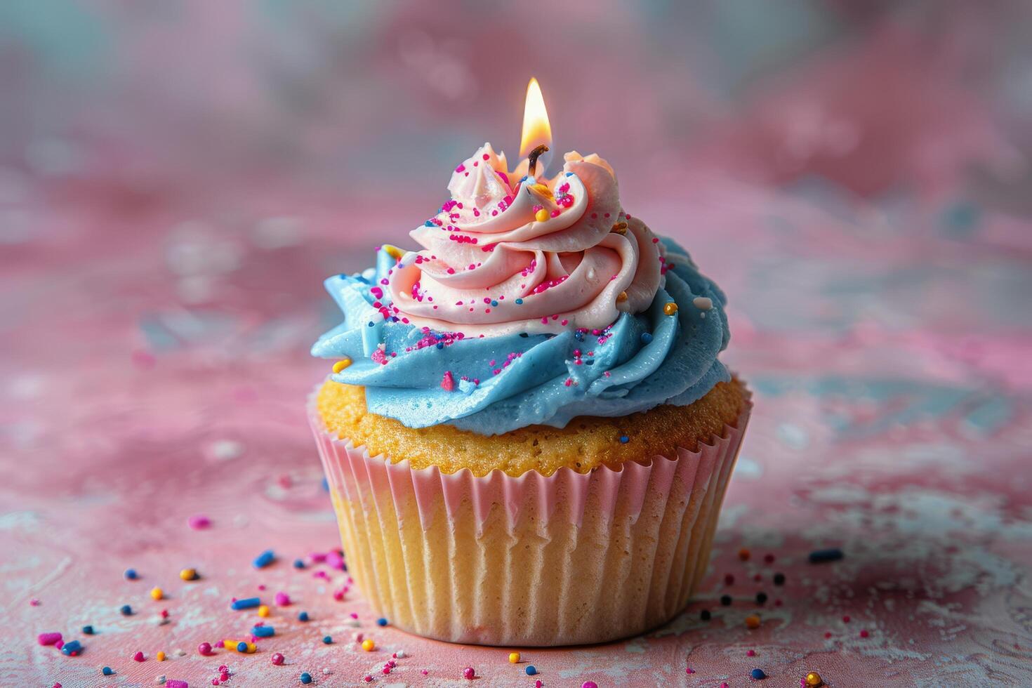 Two Cupcakes With Blue and Pink Frosting and a Candle photo