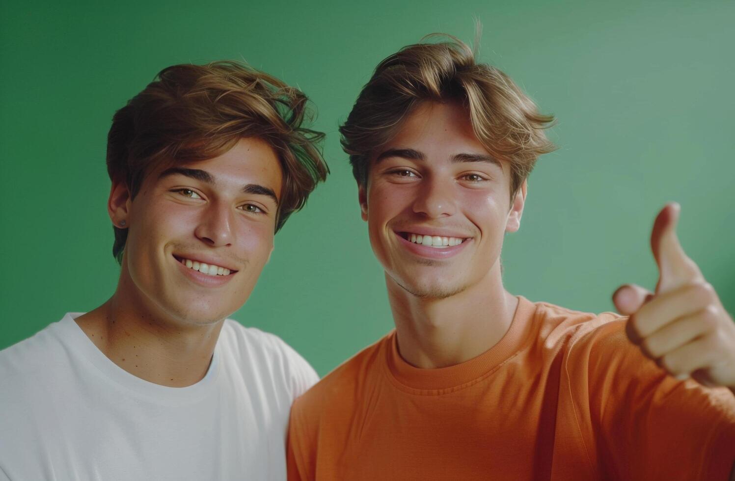 Two Young Men Pointing at Each Other photo